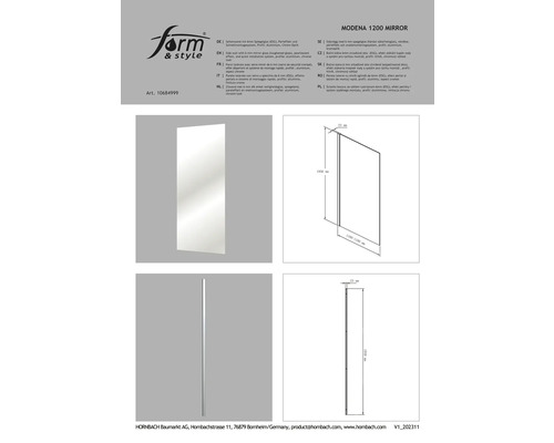 Bočná stena zrkadla Modena 1200 so zrkadlovým sklom a hliníkovým profilom