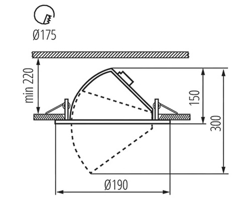 Technický nákres zapusteného stropného svietidla s rozmermi