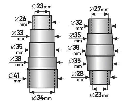 Technický nákres stupňovitého adaptéra s rozmermi