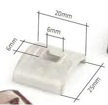 Plastový klip s rozmermi 20 mm x 25 mm x 6 mm