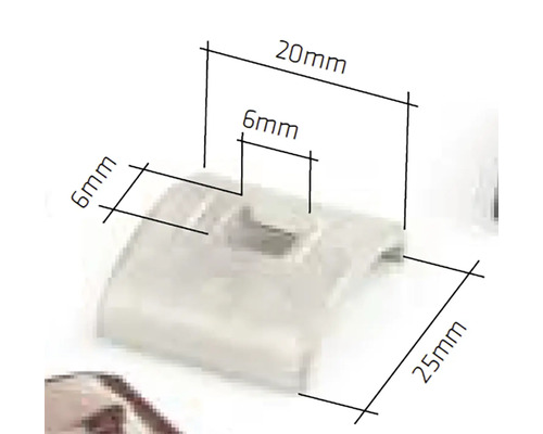 Plastový klip s rozmermi 20 mm x 25 mm x 6 mm