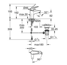 Technický nákres vodovodnej batérie s rozmermi