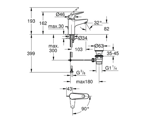 Technický nákres vodovodnej batérie s rozmermi