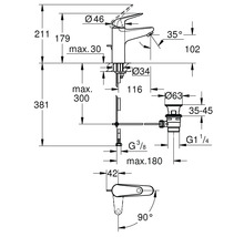 Technický nákres vodovodnej batérie s rozmermi