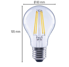Obrázok čírej LED žiarovky s rozmermi 60 mm v priemere a 105 mm na výšku.