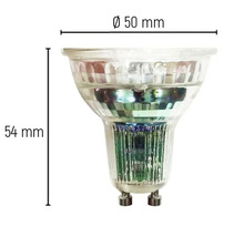 LED žiarovka GU10 s rozmermi priemer 50 milimetrov a výška 54 milimetrov