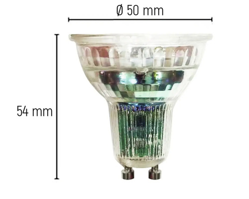 LED žiarovka GU10 s rozmermi priemer 50 milimetrov a výška 54 milimetrov