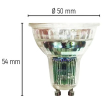 Žiarovka GU10 s rozmermi 50 mm v priemere a 54 mm na dĺžku
