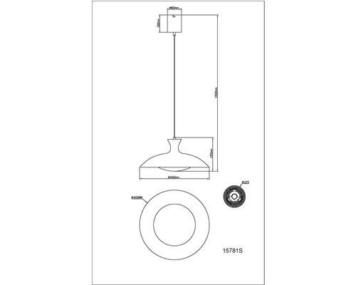 Technický nákres závesného svietidla s rozmermi