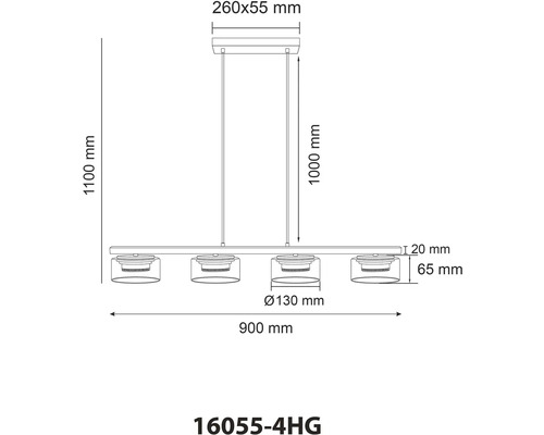 Technický nákres závesného svietidla so štyrmi žiarovkami a rozmermi