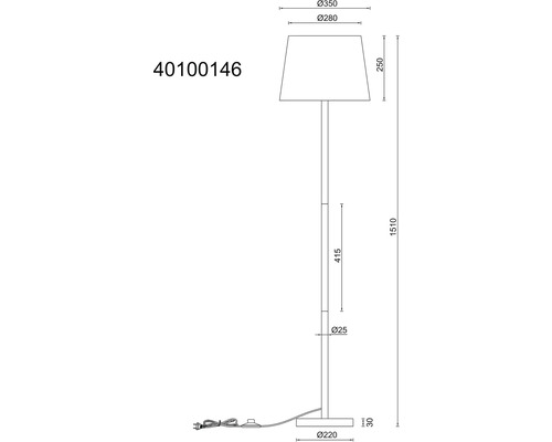 Technický nákres stojacej lampy s rozmermi 1510 mm výšky a 350 mm priemerom tienidla.