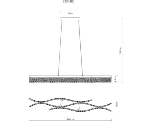 Technický nákres závesného svietidla s rozmermi 135 cm výška, 25 cm upevnenie k stropu, 9,3 cm výška svietidla a 108 cm dĺžka svietidla.