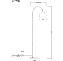 Technický nákres stojacej lampy s rozmermi 150 cm výška, 46 cm vyloženie, 20 cm priemer tienidla a 25 cm šírka základne.