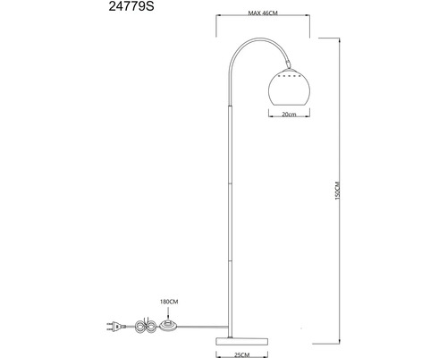 Technický nákres stojacej lampy s rozmermi 150 cm výška, 46 cm vyloženie, 20 cm priemer tienidla a 25 cm šírka základne.