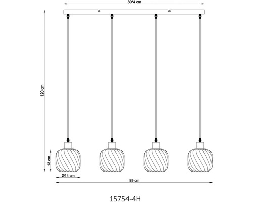 Technický nákres závesného svietidla so štyrmi svetlami a rozmermi