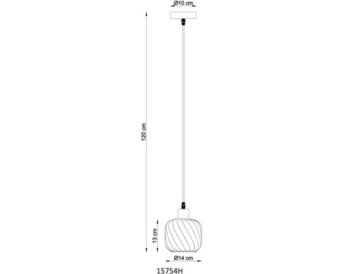 Technický nákres závesného svietidla s rozmermi 120 centimetrov na výšku a 14 centimetrov v priemere