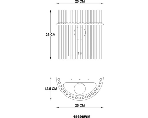 Technický výkres nástennej lampy s rozmermi