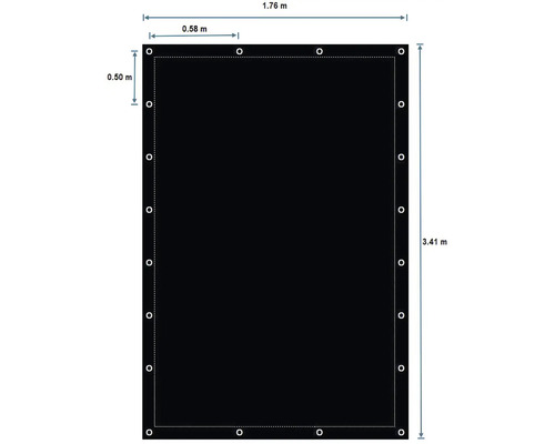 Čierna tkaná plachta so šírkou 1,76 metra a dĺžkou 3,41 metra s očkami