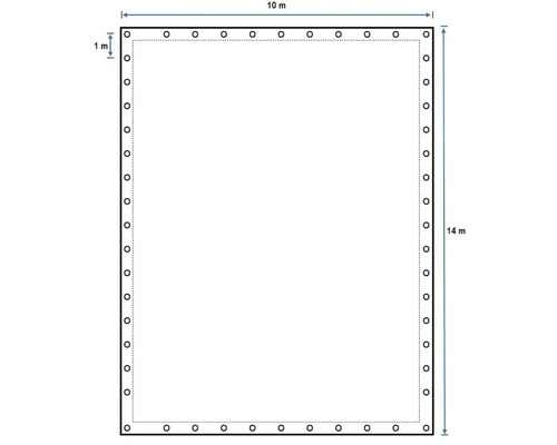 Nákres obdĺžnikového záhradného jazierka s rozmermi 10 metrov krát 14 metrov.