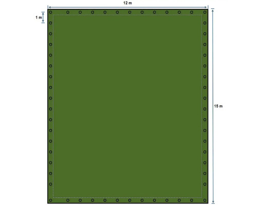 Plachta 12 metrov krát 15 metrov s očkami vzdialenými od seba 1 meter