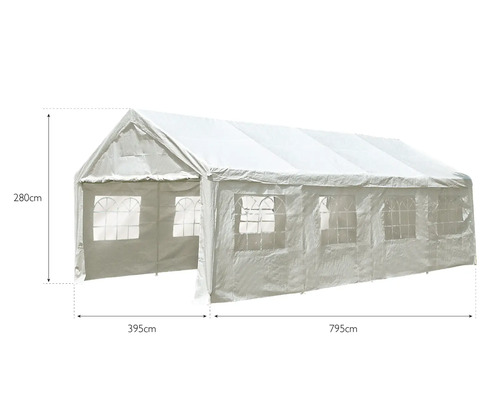 Biely párty stan s rozmermi 280 x 395 x 795 cm.