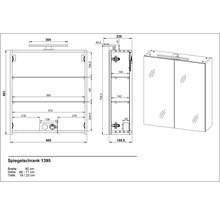 Technický nákres zrkadlovej skrinky s rozmermi