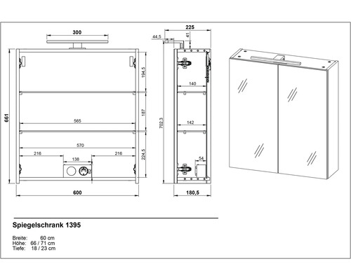 Technický nákres zrkadlovej skrinky s rozmermi