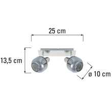 Stropné svietidlo s dvoma reflektormi s rozmermi 25 cm šírka, 13,5 cm výška a 10 cm priemer