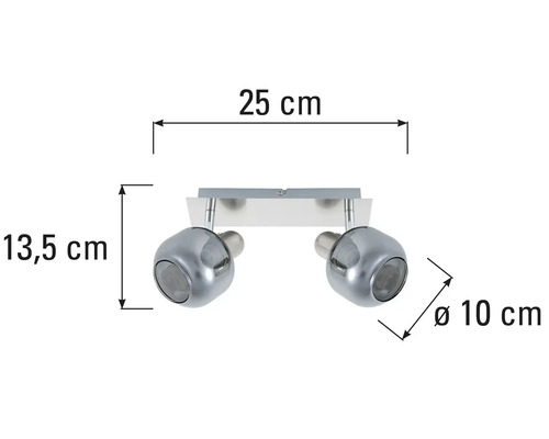 Stropné svietidlo s dvoma reflektormi s rozmermi 25 cm šírka, 13,5 cm výška a 10 cm priemer