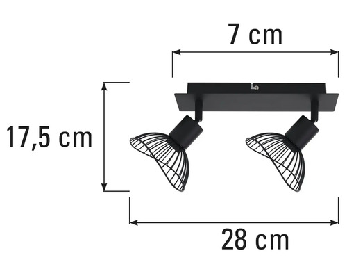 Rozmery čierneho stropného svietidla s dvoma reflektormi