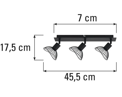 Rozmery čierneho stropného svietidla s tromi reflektormi.