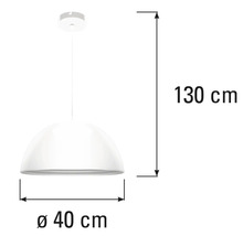 Závesná lampa s priemerom 40 cm a výškou 130 cm.