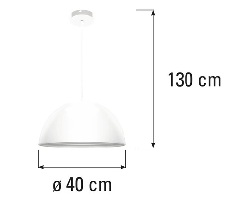 Závesná lampa s priemerom 40 cm a výškou 130 cm.