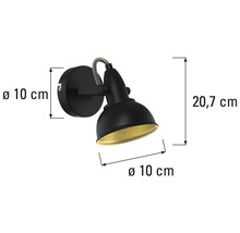 Čierne nástenné svietidlo s rozmermi 20,7 centimetra na výšku a 10 centimetrov v priemere.