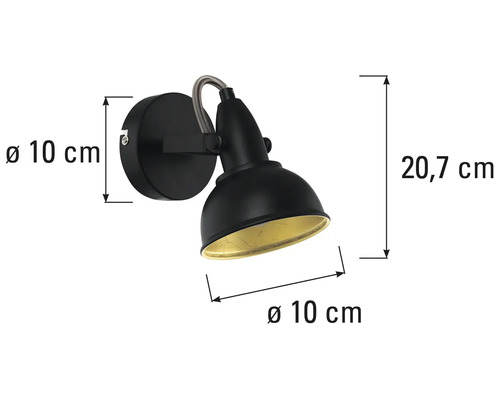 Čierne nástenné svietidlo s rozmermi 20,7 centimetra na výšku a 10 centimetrov v priemere.