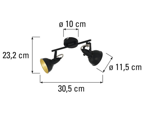 Rozmery čierneho stropného svietidla s dvoma reflektormi.