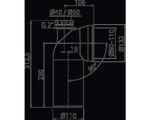 Technický nákres odtokového kolena s rozmermi