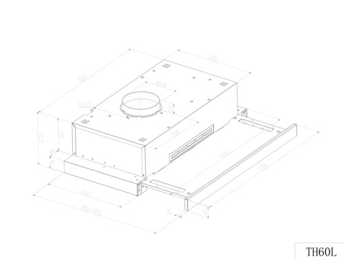 Technický nákres odsávača pár s rozmermi