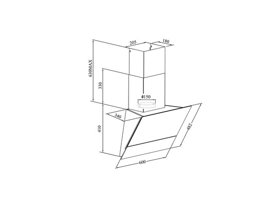 Technický nákres odsávača pár s rozmermi
