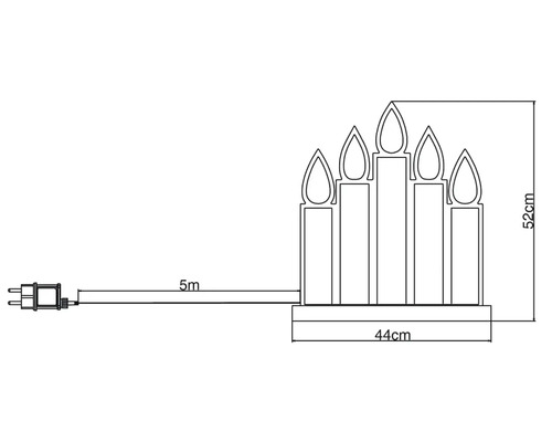 Technický výkres svetelnej reťaze s piatimi sviečkami, šírka 44 cm a výška 52 cm, s päťmetrovým káblom.