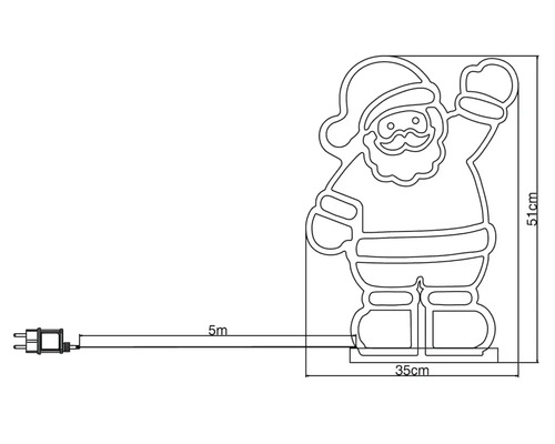 Rozmery svetelnej postavy Santa Clausa: výška 51 cm a šírka 35 cm, dĺžka kábla 5 metrov