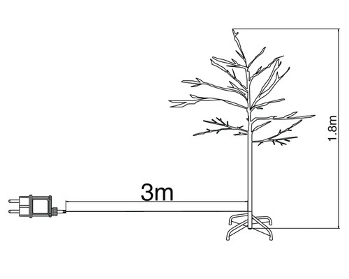 Technický nákres 1,8 metrov vysokého LED stromu s prívodným káblom s dĺžkou 3 metre.