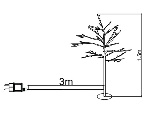 Technický nákres stromu s výškou 1,5 metra a 3 metre dlhého kábla so zástrčkou.