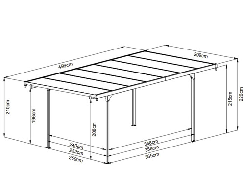 Technický nákres prístrešku pre auto s rozmermi
