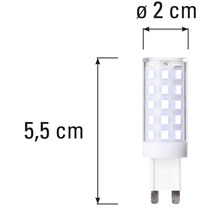 Obrázok LED žiarovky G9 s rozmermi 5,5 cm na dĺžku a 2 cm v priemere.