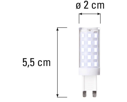 Obrázok LED žiarovky G9 s rozmermi 5,5 cm na dĺžku a 2 cm v priemere.