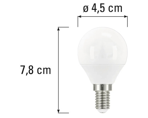 LED žiarovka E14 s rozmermi 4,5 cm v priemere a 7,8 cm na výšku