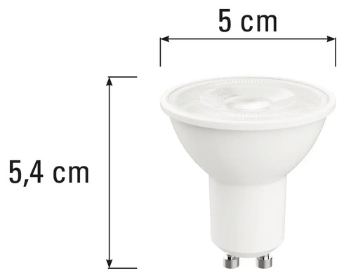 LED žiarovka GU10 s rozmermi 5,4 cm na výšku a 5 cm na šírku