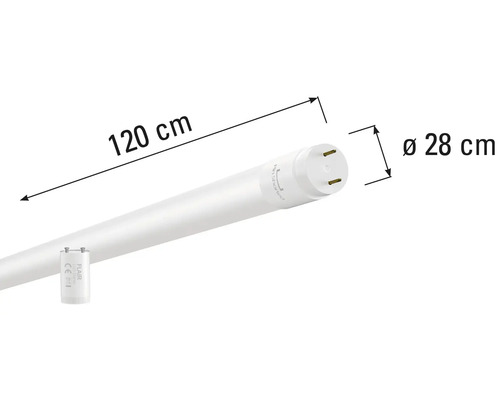 Obrázok LED trubice s dĺžkou 120 cm a šírkou 28 cm.