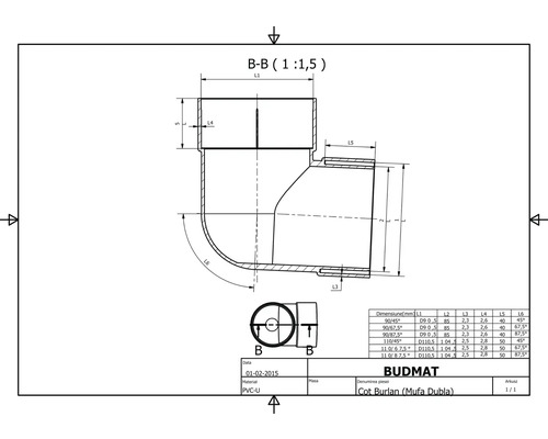 Technický nákres odpadového potrubného kolena s rozmermi